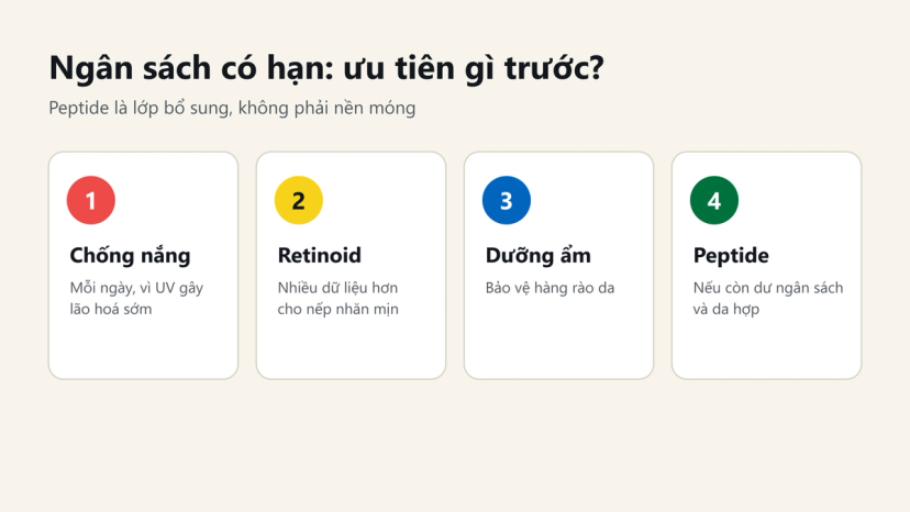 Đồ hoạ thứ tự ưu tiên khi ngân sách có hạn: chống nắng, retinoid, dưỡng ẩm, rồi mới đến peptide
