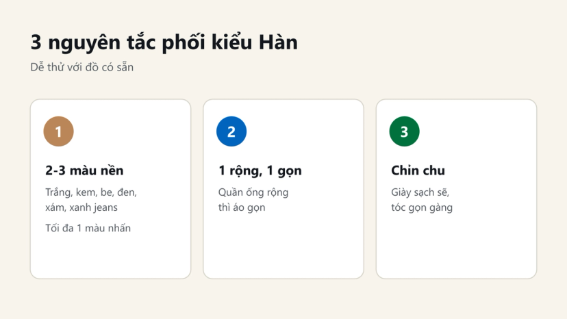 Đồ hoạ 3 nguyên tắc phối đồ kiểu Hàn: 2-3 màu nền, một rộng một gọn, giày sạch tóc gọn