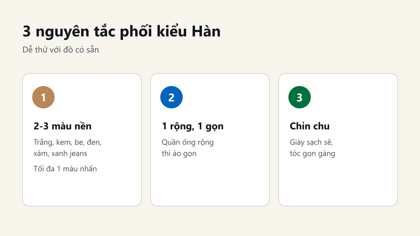 Đồ hoạ 3 nguyên tắc phối đồ kiểu Hàn: 2-3 màu nền, một rộng một gọn, giày sạch tóc gọn