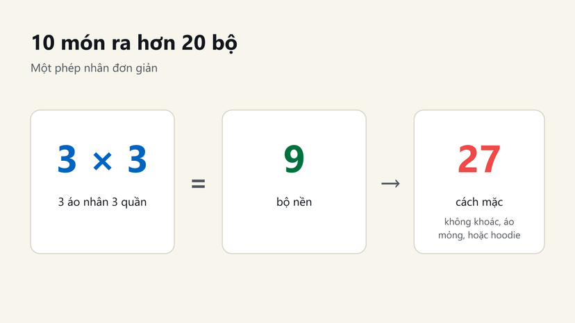 Đồ hoạ: 3 áo nhân 3 quần ra 9 bộ nền, thêm lớp ngoài thành 27 cách mặc