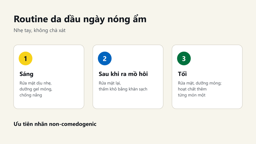 Đồ hoạ routine da dầu ngày nóng ẩm: sáng, sau khi ra mồ hôi và tối