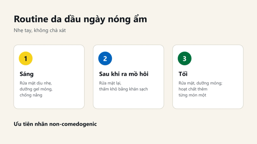 Đồ hoạ routine da dầu ngày nóng ẩm: sáng, sau khi ra mồ hôi và tối