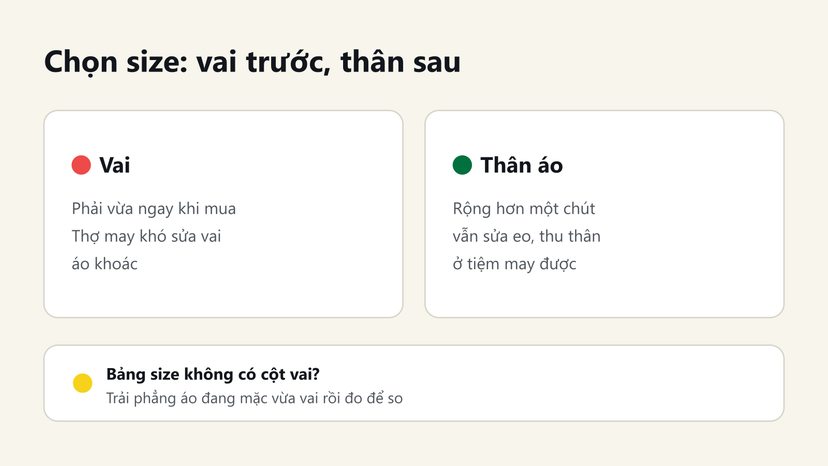 Đồ hoạ chọn size áo cho nam vai hẹp: ưu tiên vừa vai, thân rộng thì sửa ở tiệm may