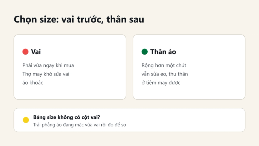 Đồ hoạ chọn size áo cho nam vai hẹp: ưu tiên vừa vai, thân rộng thì sửa ở tiệm may
