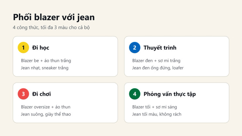 Đồ hoạ 4 công thức phối blazer với jean: đi học, thuyết trình, đi chơi, phỏng vấn thực tập