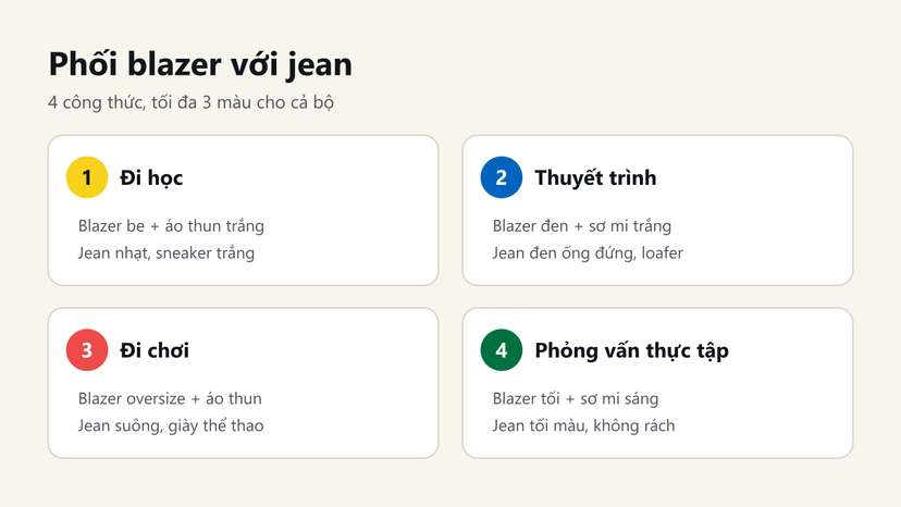 Đồ hoạ 4 công thức phối blazer với jean: đi học, thuyết trình, đi chơi, phỏng vấn thực tập