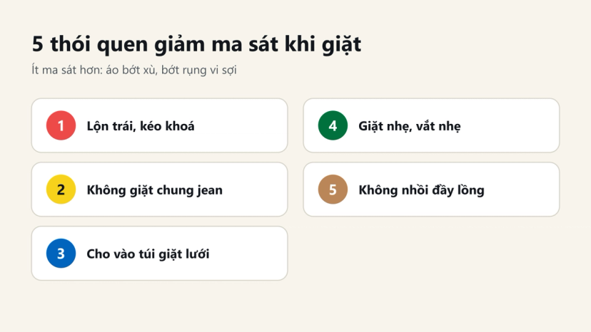Đồ hoạ 5 thói quen giặt đồ polyester giảm ma sát: lộn trái, không giặt chung jean, túi giặt lưới, giặt nhẹ, không nhồi đầy lồng