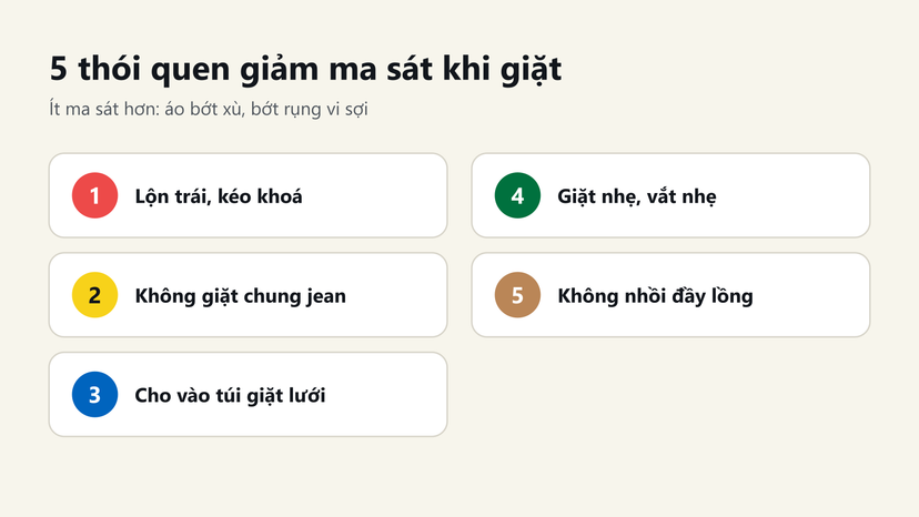 Đồ hoạ 5 thói quen giặt đồ polyester giảm ma sát: lộn trái, không giặt chung jean, túi giặt lưới, giặt nhẹ, không nhồi đầy lồng
