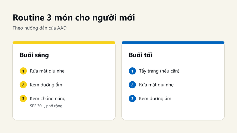 Đồ hoạ routine 3 món buổi sáng và buổi tối cho người mới chăm sóc da