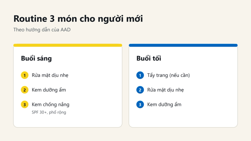 Đồ hoạ routine 3 món buổi sáng và buổi tối cho người mới chăm sóc da
