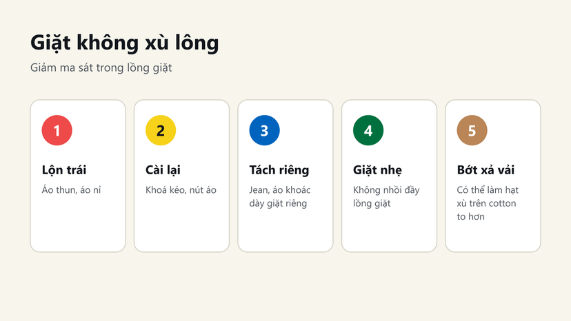 Đồ hoạ 5 bước giặt quần áo không bị xù lông: lộn trái, cài khoá, tách đồ nặng, giặt nhẹ, bớt nước xả