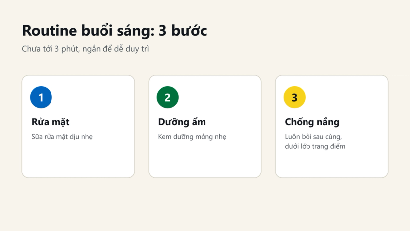 Đồ hoạ routine da tuổi 20 buổi sáng 3 bước: rửa mặt, dưỡng ẩm, chống nắng