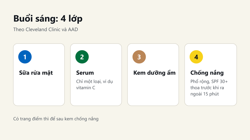 Đồ hoạ 4 bước skincare buổi sáng: sữa rửa mặt, serum, kem dưỡng ẩm, kem chống nắng