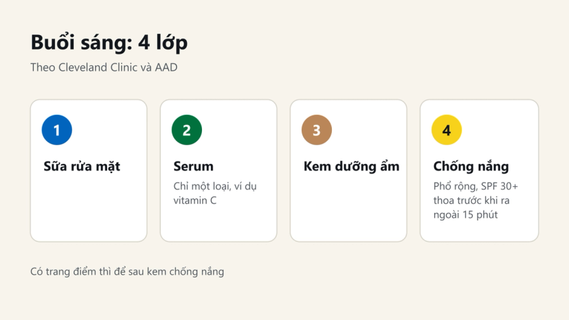 Đồ hoạ 4 bước skincare buổi sáng: sữa rửa mặt, serum, kem dưỡng ẩm, kem chống nắng