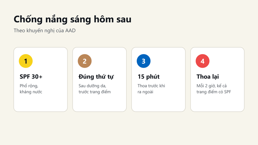 Đồ hoạ 4 lưu ý chống nắng sáng hôm sau đêm thức khuya theo AAD