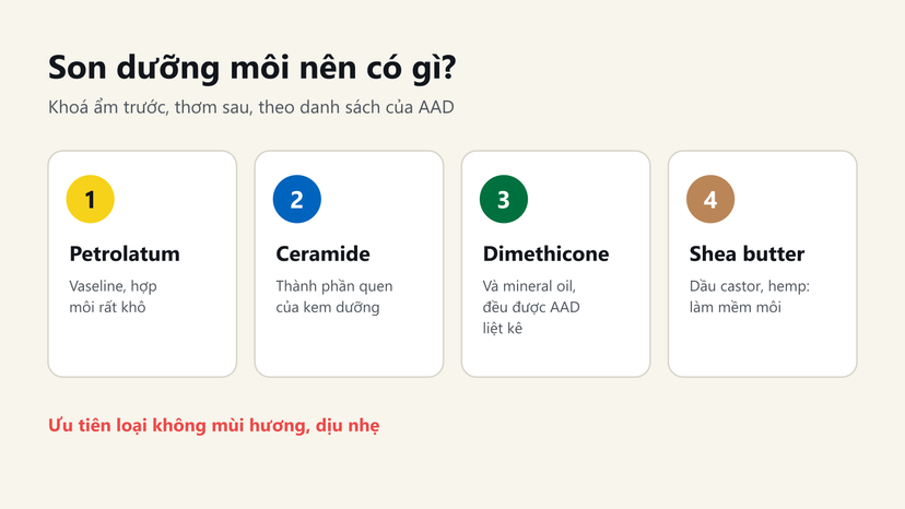 Đồ hoạ 4 nhóm thành phần son dưỡng nên có: petrolatum, ceramide, dimethicone, shea butter