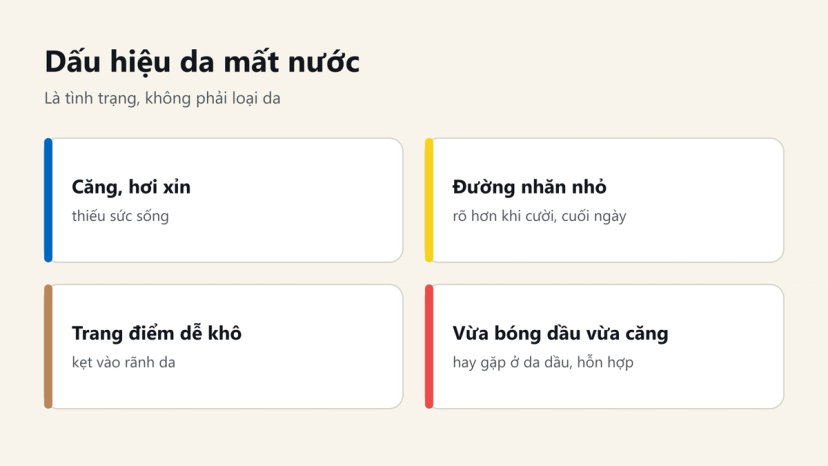 Đồ hoạ 4 dấu hiệu da mất nước: căng xỉn, đường nhăn nhỏ, trang điểm dễ khô, vừa bóng dầu vừa căng