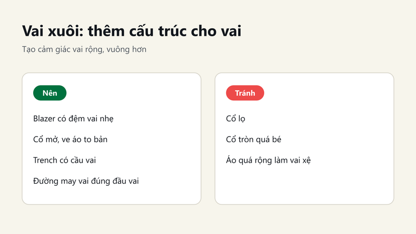 Đồ hoạ: vai xuôi nên chọn blazer đệm vai nhẹ, cổ mở; tránh cổ lọ, cổ tròn quá bé