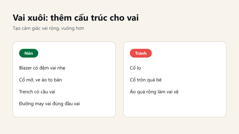 Đồ hoạ: vai xuôi nên chọn blazer đệm vai nhẹ, cổ mở; tránh cổ lọ, cổ tròn quá bé