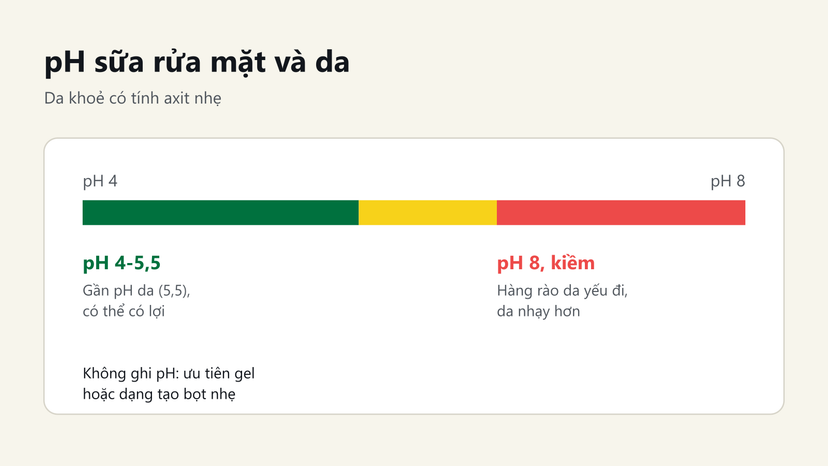 Đồ hoạ thang pH: sữa rửa mặt pH 4-5,5 gần pH da, sản phẩm kiềm pH 8 làm hàng rào da yếu đi