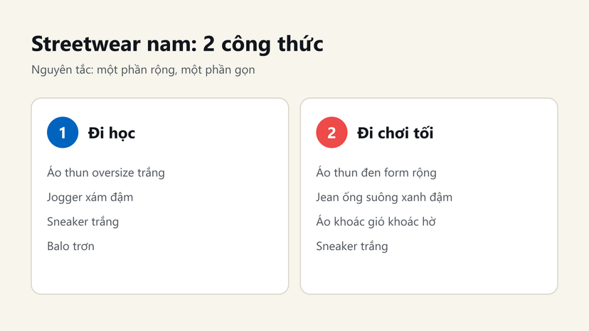 Đồ hoạ 2 công thức phối đồ streetwear nam: đi học và đi chơi tối