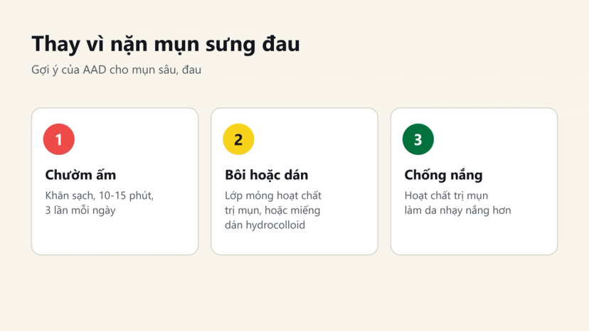 Đồ hoạ 3 cách xử lý mụn sưng đau thay vì nặn: chườm ấm, bôi hoặc dán, chống nắng