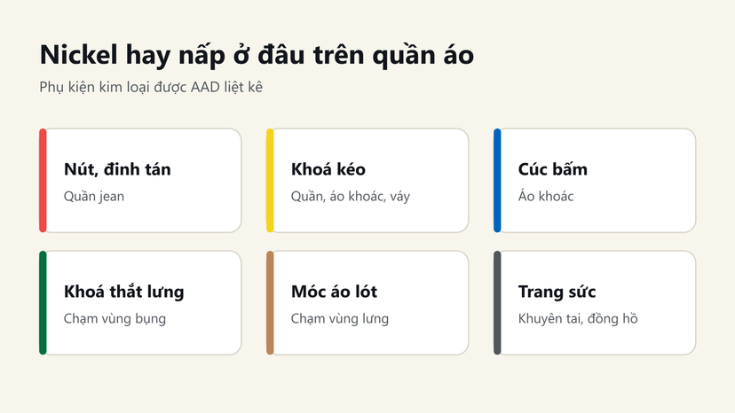 Đồ hoạ 6 chỗ nickel hay nấp trên quần áo: nút, khoá kéo, cúc bấm, khoá thắt lưng, móc áo lót, trang sức