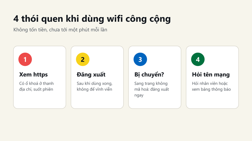 Đồ hoạ 4 thói quen dùng wifi công cộng an toàn: xem https, đăng xuất, đăng xuất khi bị chuyển trang, hỏi đúng tên mạng