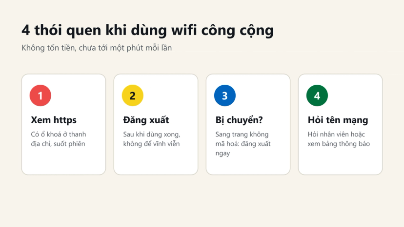 Đồ hoạ 4 thói quen dùng wifi công cộng an toàn: xem https, đăng xuất, đăng xuất khi bị chuyển trang, hỏi đúng tên mạng