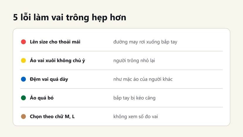 Đồ hoạ 5 lỗi khiến vai trông hẹp hơn khi nam vai hẹp chọn áo