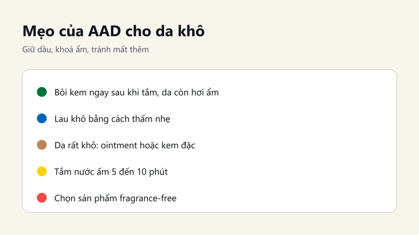 Đồ hoạ mẹo AAD cho da khô: bôi kem khi da còn ẩm, thấm khô nhẹ, ointment khi da rất khô, tắm nước ấm 5 đến 10 phút, chọn fragrance-free