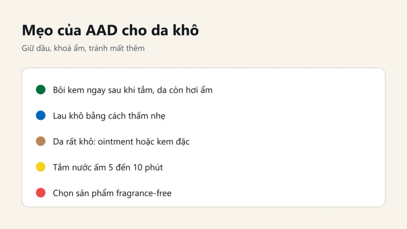 Đồ hoạ mẹo AAD cho da khô: bôi kem khi da còn ẩm, thấm khô nhẹ, ointment khi da rất khô, tắm nước ấm 5 đến 10 phút, chọn fragrance-free