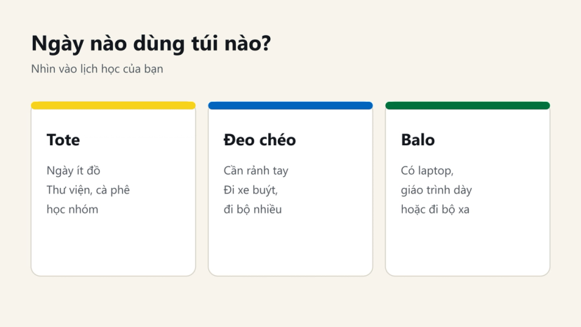 Đồ hoạ so sánh khi nào dùng tote, túi đeo chéo và balo