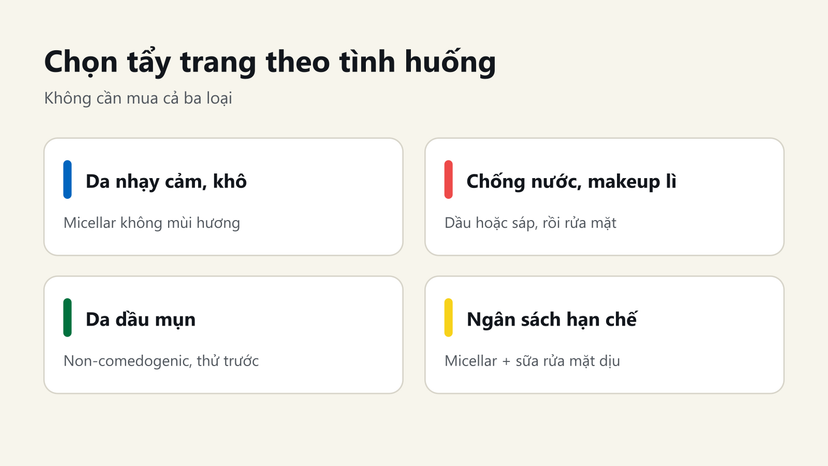 Đồ hoạ chọn tẩy trang theo tình huống: da nhạy cảm, chống nước, da dầu mụn, ngân sách hạn chế
