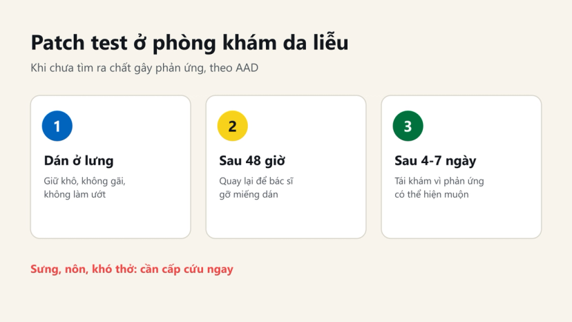 Đồ hoạ 3 bước patch test ở phòng khám da liễu: dán ở lưng, gỡ sau 48 giờ, tái khám sau 4-7 ngày