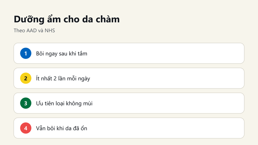 Đồ hoạ 4 nguyên tắc dưỡng ẩm cho da chàm: bôi sau tắm, ít nhất 2 lần mỗi ngày, không mùi, vẫn bôi khi da ổn
