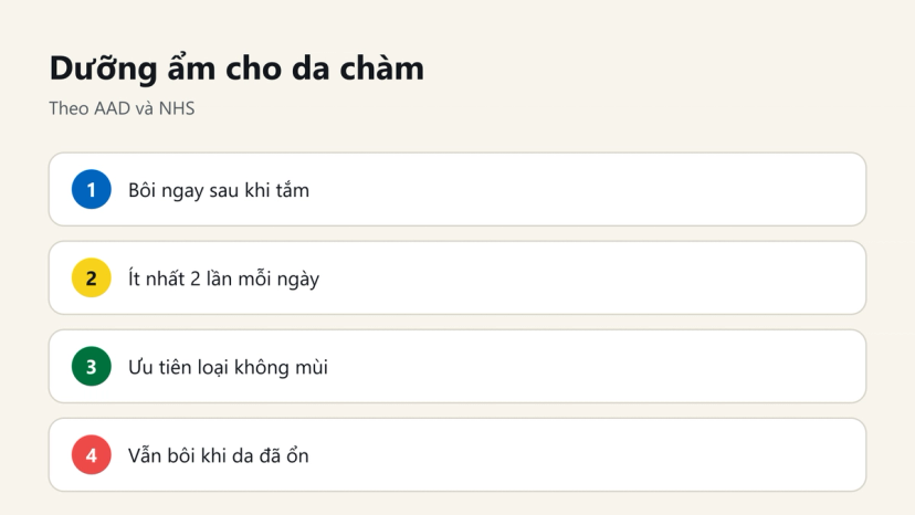 Đồ hoạ 4 nguyên tắc dưỡng ẩm cho da chàm: bôi sau tắm, ít nhất 2 lần mỗi ngày, không mùi, vẫn bôi khi da ổn