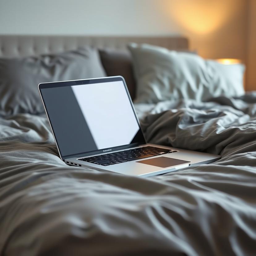 Laptop mở trên giường giữa chăn gối, chỗ dễ làm máy nóng
