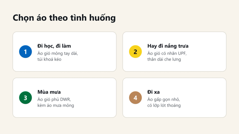 Đồ hoạ chọn áo khoác đi xe máy theo tình huống: đi học đi làm, đi nắng trưa, mùa mưa, đi xa