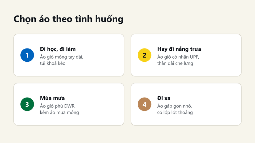 Đồ hoạ chọn áo khoác đi xe máy theo tình huống: đi học đi làm, đi nắng trưa, mùa mưa, đi xa