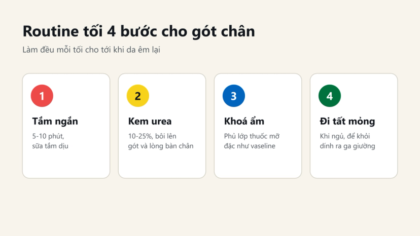 Đồ hoạ routine tối 4 bước cho gót chân khô nứt: tắm ngắn, kem urea, khoá ẩm, đi tất mỏng