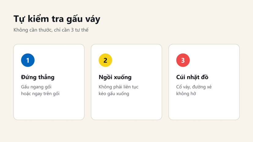 Tự kiểm tra độ dài váy đi làm qua 3 tư thế: đứng thẳng, ngồi xuống, cúi nhặt đồ