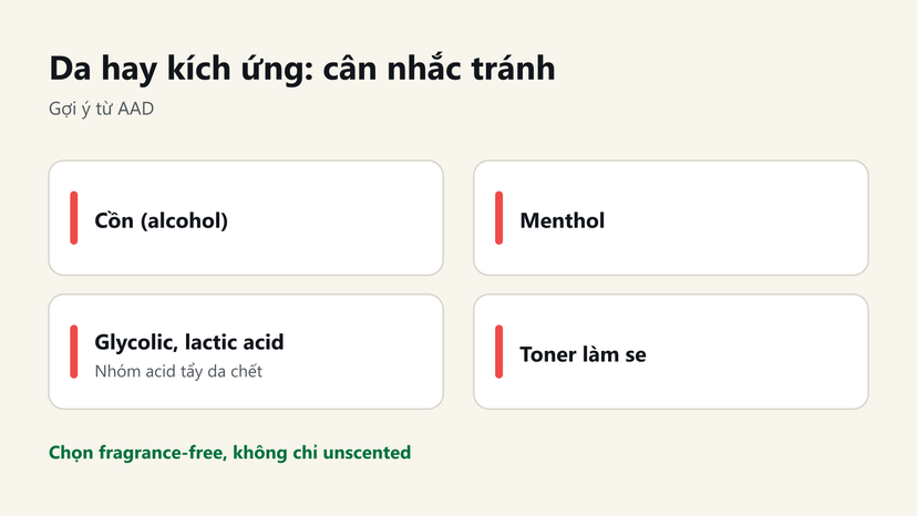 Đồ hoạ các thành phần da hay kích ứng nên cân nhắc tránh theo AAD: cồn, menthol, glycolic và lactic acid, toner làm se