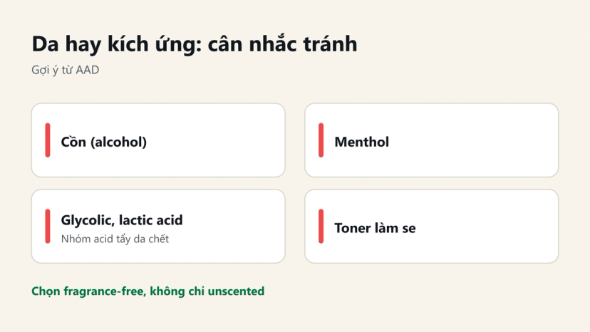Đồ hoạ các thành phần da hay kích ứng nên cân nhắc tránh theo AAD: cồn, menthol, glycolic và lactic acid, toner làm se
