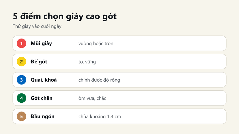 Đồ hoạ 5 điểm chọn giày cao gót đi làm: mũi giày, đế gót, quai khoá, gót chân, đầu ngón