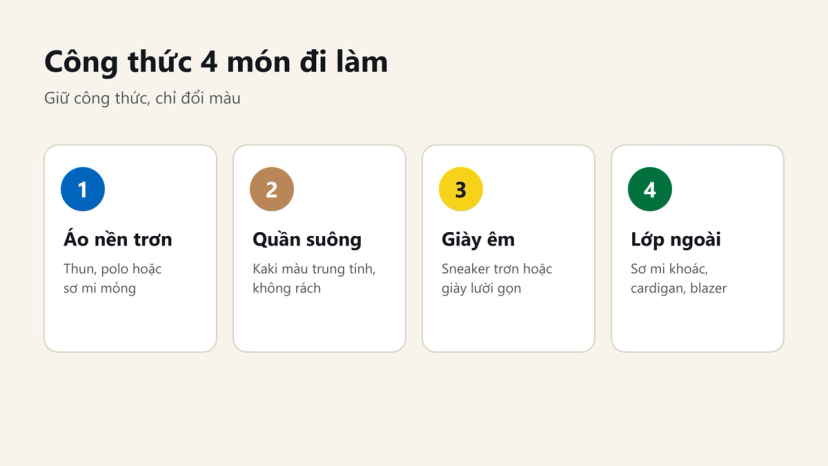 Đồ hoạ: công thức 4 món đi làm gồm áo nền trơn, quần suông, giày êm và lớp ngoài