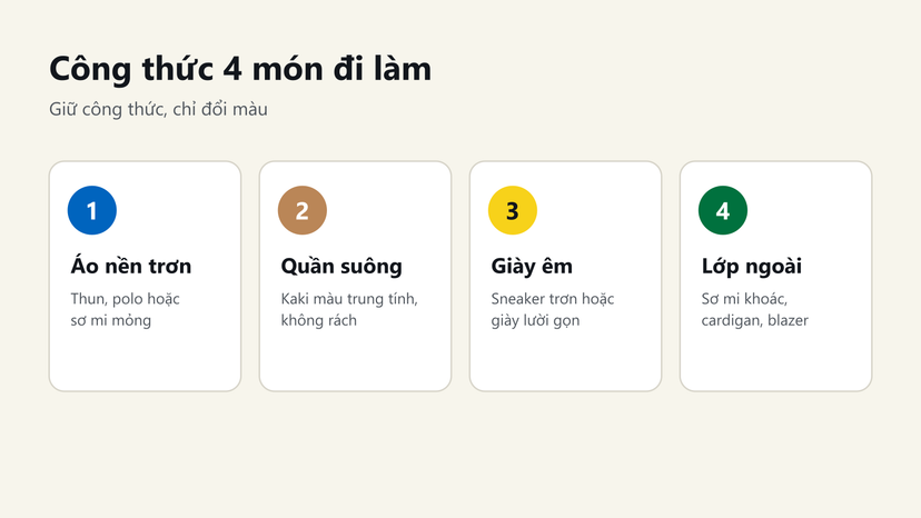 Đồ hoạ: công thức 4 món đi làm gồm áo nền trơn, quần suông, giày êm và lớp ngoài