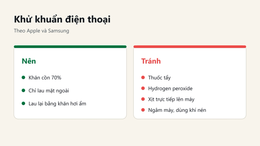 Khử khuẩn điện thoại: nên dùng khăn cồn 70%, tránh thuốc tẩy, hydrogen peroxide, xịt trực tiếp