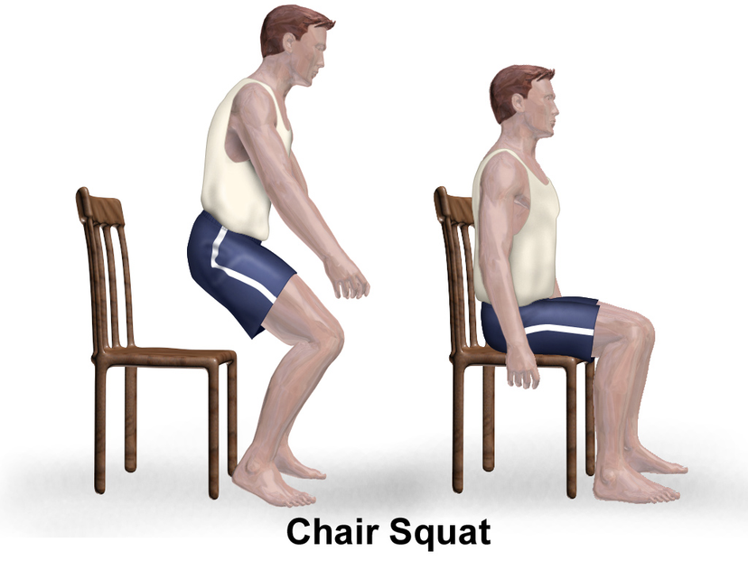 Hình minh hoạ động tác squat xuống ghế, bài tập squat cho người mới tại nhà