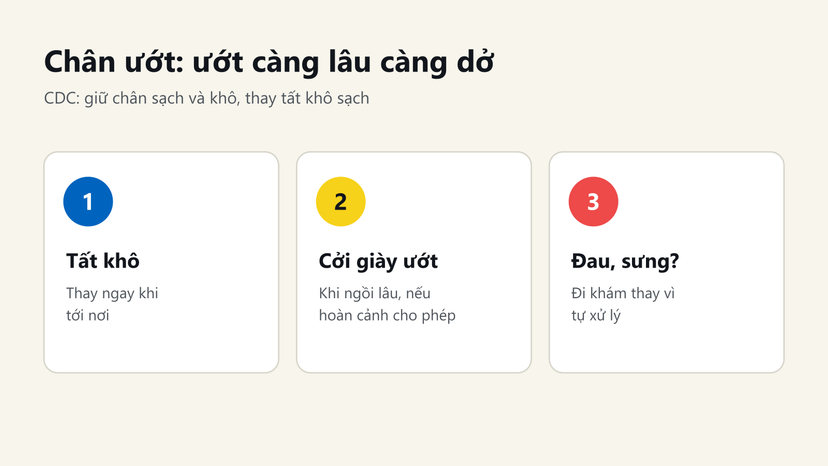 3 việc khi chân ướt theo CDC: thay tất khô, cởi giày ướt khi ngồi lâu, đau sưng thì đi khám